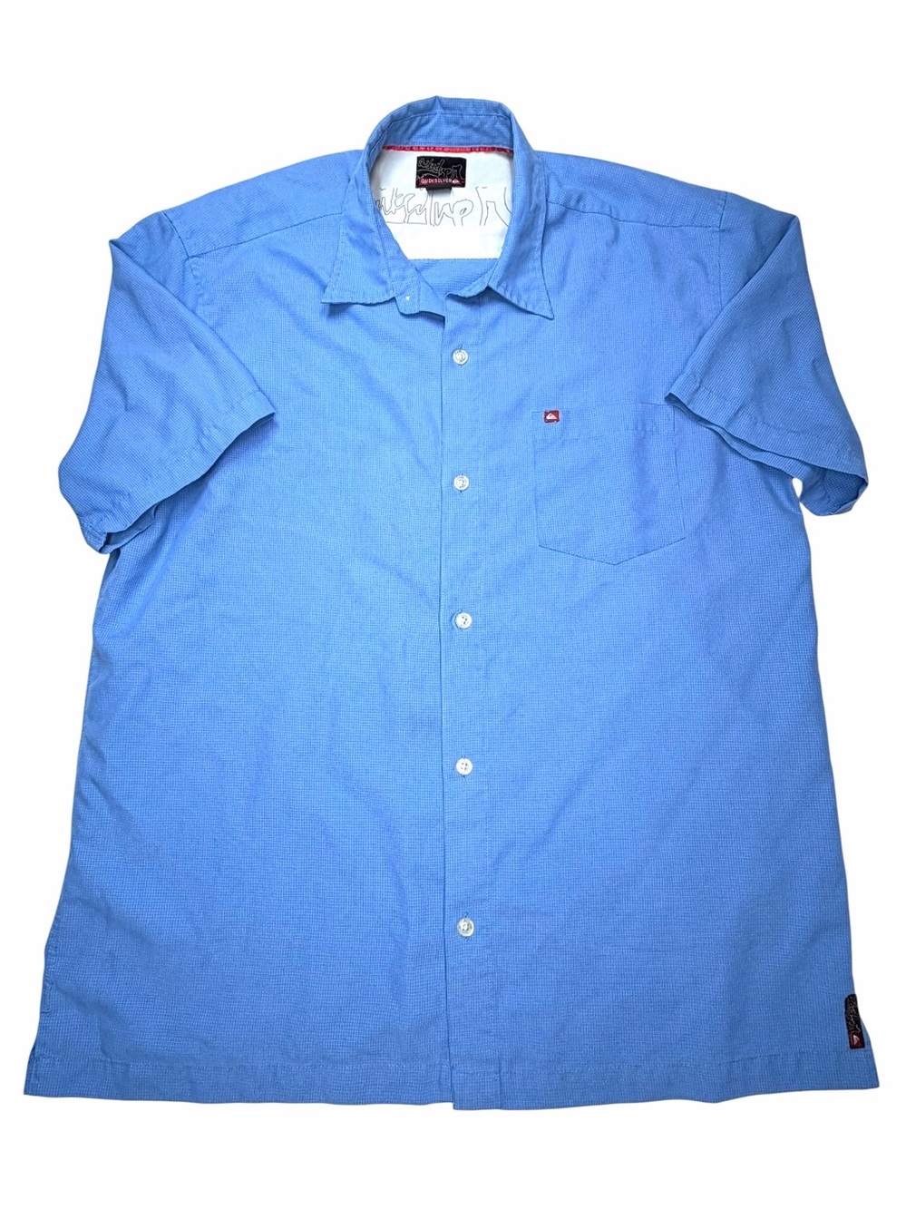 Quiksilver Men’s L Blue Micro Check Button Front Shirt Short Sleeve Pocket